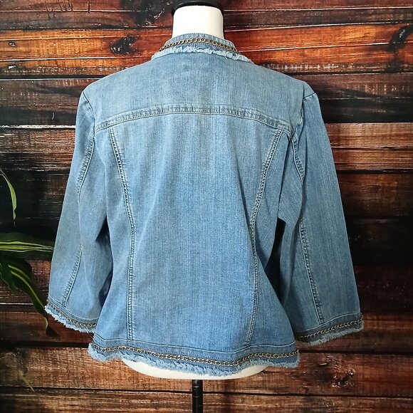 Chico's Jean Jacket 2 Large Chauncey Chain Fringe Open Front Cropped 3/4 Sleeves - Picture 8 of 11